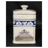 Vintage Dedham Potting Shed Rabbit Pattern Blue/White Pottery Sweetener Crock with Lid