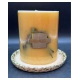 NEW Claire Burke single wick scented pillar candle with pottery under tray…..6” tall….creamy vanilla scent