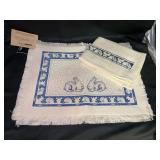 (2) Vintage Dedham Potting Shed Rabbit Pattern Blue/White Placemats and (1) Dish Towel