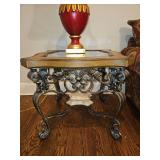 Large heavy wrought iron & composite material end table 28x28x26.5" w/glass top LAMP NOT INCLUDED...