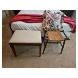 Two(2) vintage furniture pieces...wooden bench 22x15x18.5" w/upholstered seats & wood and wicker stool(needs to be tightened up a bit) 18.5x12.5x19" w/pillow...