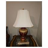Large resin deep red & gold beautifully designed table lamp 35" tall x 17" shade...