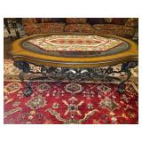 Large heavy wrought iron & composite material coffee table 56x40x22" w/glass top FABRIC RUNNER INCLUDED...