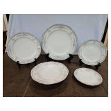 Vintage Like New 5-Piece Place Setting of Noritake Ivory China in the Rothschild Pattern...Ivory, Baroque, Blue Band, Pink Floral, Platinum Rim in excellent vintage condition...