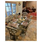 Nice glass top dining table 72x42x30" w/heavy iron base THIS LOT IS FOR TABLE ONLY...CHAIRS AND MARBLE LAZY SUSAN NOT INCLUDED...
