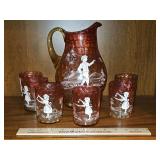 Vintage Fenton Cranberry Mary Gregory Pitcher & 6 Glasses an excellent vintage condition...