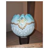 Vintage Victorian blue satin glass rose bowl w/hand painted florals in excellent vintage condition...