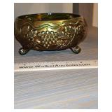 Vintage Fenton Iridescent Green Carnival Glass Grape & Vine Design 3-Footed Candy Bowl in excellent vintage condition...