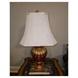 Large resin deep red & gold beautifully designed table lamp 35" tall x 17" shade...