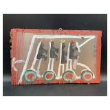 Authentic Signed Contemporary Artist Mose T Red School Bus Folk Art with signature soda can tab hanger…..16-1/2 x 10-1/4