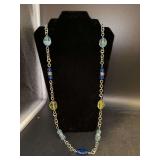 Longer silver tone necklace with green and blue acrylic beading