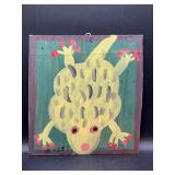Authentic Signed Contemporary Artist Mose T Yellow Frog with Red Toes Folk Art with signature soda can tab hanger…..14 x 15