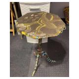 Unique and colorful authentic piece of Mose T Tiki Bird art on vintage plant stand…..23” tall