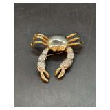 Vintage two-toned crab brooch with rhinestone eyes