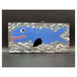 GRAPHIC - Authentic Signed Contemporary Artist Mose T Blue Whale Folk Art with signature soda can tab hanger…..17-1/4 x 8-1/2