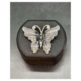Gorgeous shades of gray enameled butterfly brooch with rhinestone tipped antennae