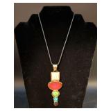 Adjustable leather-like strap necklace with multi-natural stone-like pendant