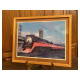Framed and matted Southern Pacific 4449 steam locomotive in its iconic red, orange, and black "Daylight" paint scheme print…..21-1/8 x 17-1/4