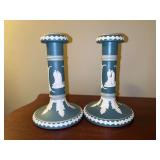 Pair of Wedgwood-Style "Dudson" Green Jasperware Candlesticks…..6-1/2” tall