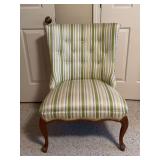 Very nice Queen Anne style tufted back hues of green striped chair…..25 x 19-1/2 x 34-1/2 tall over….seating has 2 tiny snags