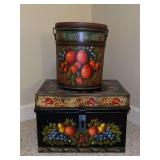 Set of (2) matching tins with fruit decor…..bottom tin is full of cross stitch and embroidery items