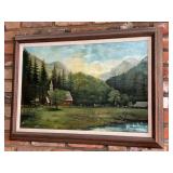 Signed J. Pinckent(?) oil on canvas print depicting old country church and farm…..35-1/2 x 25-3/4