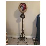 Antique Brass Telescoping Converted Piano Oil Lamp & Hand Painted Floral Shade in working condition…..59-1/2” tall as it sits