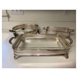 Great grouping of (3) silver plate serving caddies….only (1) has a glass insert….empty caddies measure 10-1/2”D x 3” tall and 9-1/2 x 5-1/2 x 2-3/4” tall….other has an 11-3/4 x 7-1/2 x 1-3