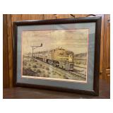 Framed/matted/signed print of EMC E1 diesel locomotive, specifically one of the units used by the Atchison, Topeka and Santa Fe Railway (AT&SF), commonly known as Santa Fe and #51…..29-1/2 x 23-1/2