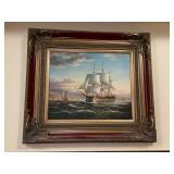 WOW - beautifully framed and matted oil on canvas ships at sea print…..36 x 32