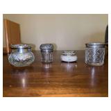 Grouping of (3) small vanity jars with silverplate lids and (2) cast enamel hinged trinket box with butterfly decor