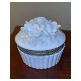 White Porcelain Hinged Lid Vanity Box with Flowers…..3-1/2” tall