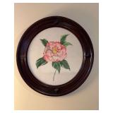 Vintage mahogany framed floral print by V. Hamilton…..18”D…..missing left side medallion on frame