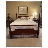 Great looking cherry Queen size 4-poster bed and all bedding…..mattress is a Sealy Back Saver…..no wood side rails just a bed frame