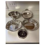 Grouping of various size and maker silver plate serving tray bowls…..back left is by Gorham and engraved on the bottom