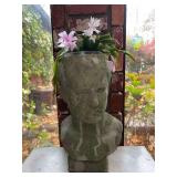 Weathered gatden male bust planter with live/blooming Christmas cactus
