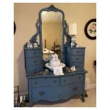 Antique 2-piece dresser/vanity painted in a cauliflower blue shade…..45 x 21 x25 to top of bottom piece…..top piece is 50” tall