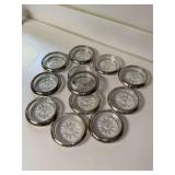 Set of (12) Leonard silver plate rimmed glass coasters…..4”D