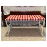 Vintage wrought iron base bench with striped padded seating…..35 x 13-3/4 x 17-1/2