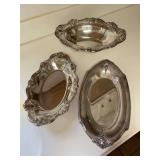 Grouping of (2) oval serving trays and (1) bowl in various sizes…..all are very decorative….makers are Gorham, Towle and International Silver Wilcox