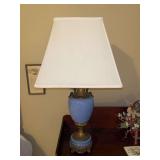 Gorgeous brass and cauliflower blue ceramic base urn-style lamp with nice square bottom shade…..27” tall