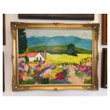 Gold kilt framed oil on canvas of country house and floral pathway…..signed LYNDA…..27 x 21