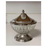 Vintage clear glass and silver plate lidded condiment or sugar bowl…..6”D x 7-1/4 tall to top of lid