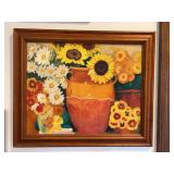 Unsigned and beautifully framed bright and colorful oil on canvas spring flowers and stoneware vase…..24-1/2 x 20-1/2