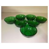 Set of (7) Vintage MCM Anchor Hocking Forest Green Sandwich Glass Fruit/Ice Cream Bowls…..4-1/4”D x 1-3/4” tall