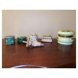 Fine grouping of porcelain, pottery, brass enamel and resin hinged and non-hinged lidded trinket boxes and 1 powder jar