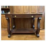 Empire Style Writing Desk - has pull out desk area with inkwell and vintage fountain pen….shows wear from normal but is overall a solid piece…..42 x 28 x 29 tall…..left front handle is in drawer