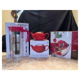 Grouping of (3) kitchen household items….HydraFlavor Pitcher, 17oz Certified International Infuser Teapot and Luigi Bormioli “Sophia” serving bowl