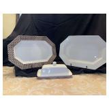 (3) pieces of ceramic serving dishes….. Vintage Independence Ironstone Brown Cane Platter 13 x 9, NIKKO white Classic Collection 13 x 9 and lidded butter dish by Maison Neuve