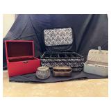 Nice selection of travel jewelry boxes, wood and felt lined box and Art Nouveau cut crystal dresser jar with a silverplate lid